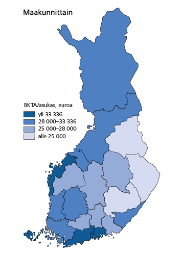 Bruttokansantuote asukasta kohti 2010. Maakunnittain. Vuoden 2010 aluerajat. Lähde: Tilastokeskus