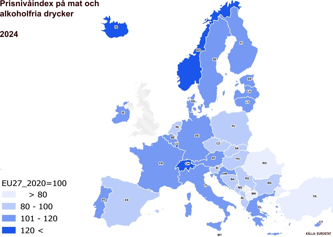 Prisnivåindex på mat och alkoholfria drycker illustrerad på kartan. EFTA länderna Schweiz, Island och Norge hade den högsta prisnivån. Länderna med den lägsta prisnivån var Turkiet, Nordmakedonien och Rumänien. Finlands prisnivå var 10 % över EU-genomsnittet.