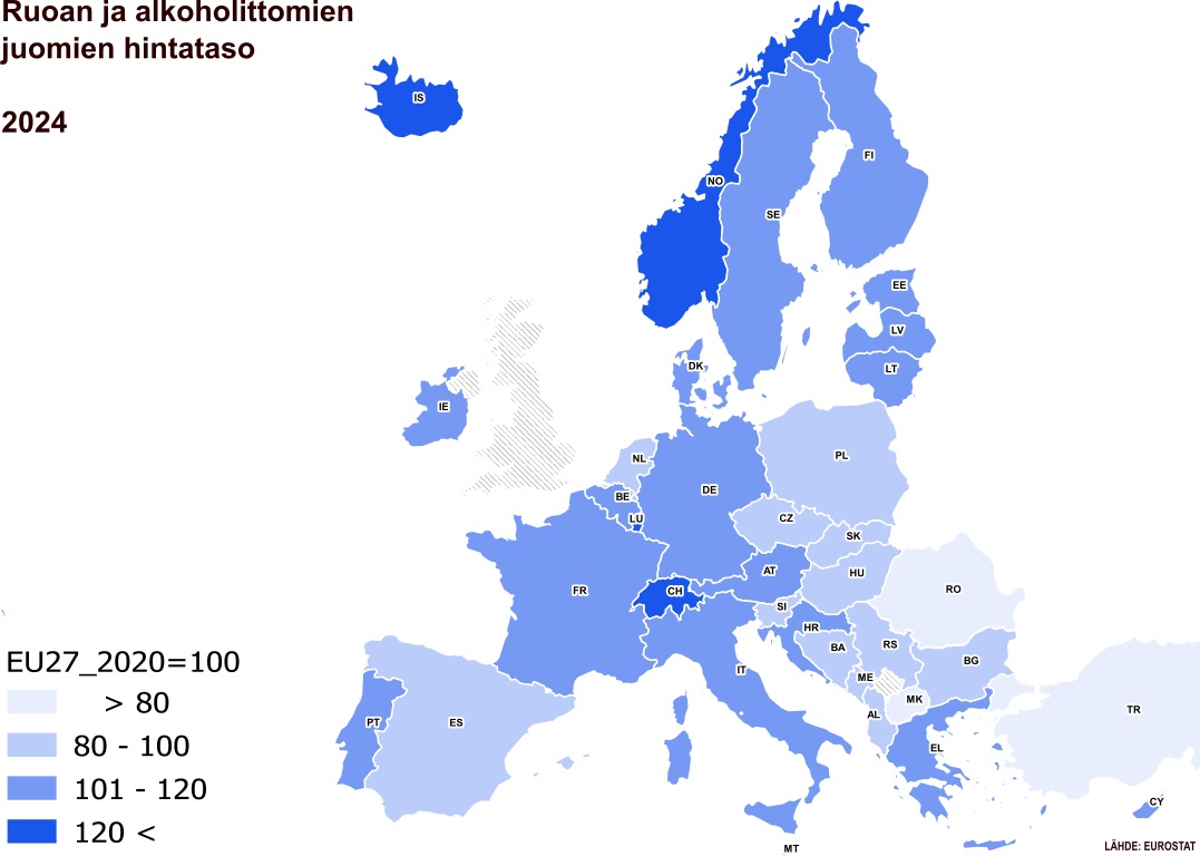 Ruoan ja alkoholittomien juomien hintataso kartalla havainnollistettuna. EFTA-maat Sveitsi, Islanti ja Norja olivat hintatasoltaan korkeimpia. Matalimman hintatason maat olivat Turkki, Pohjois-Makedonia ja Romania. Suomen hintataso oli 10 % yli EU-keskiarvon.