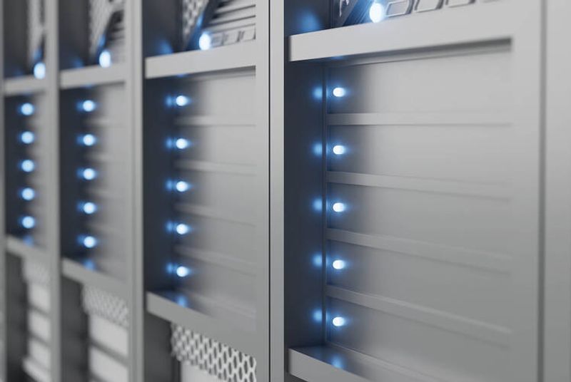 A row of servers with blue lights on them. 