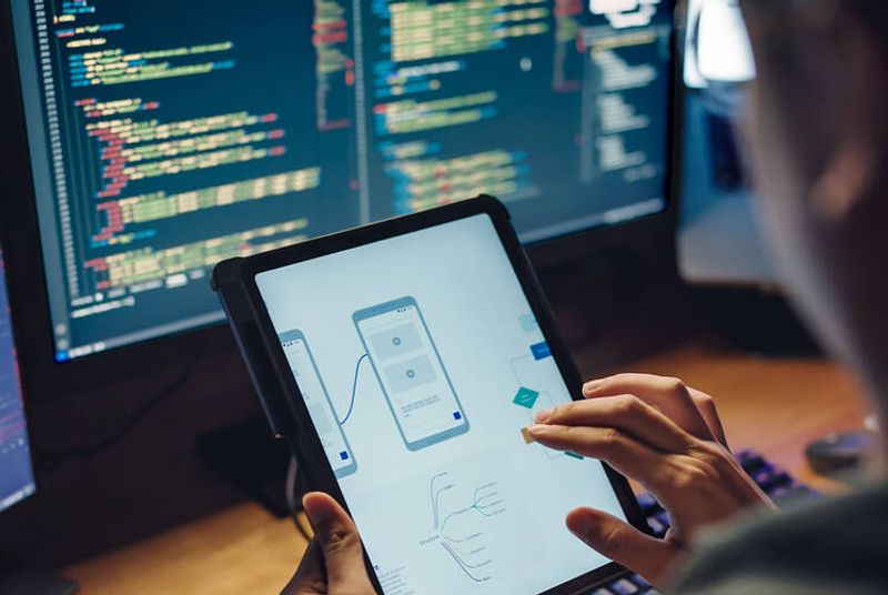 A person is holding a tablet computer with flowcharts on the screen. A large computer screen is in the background.