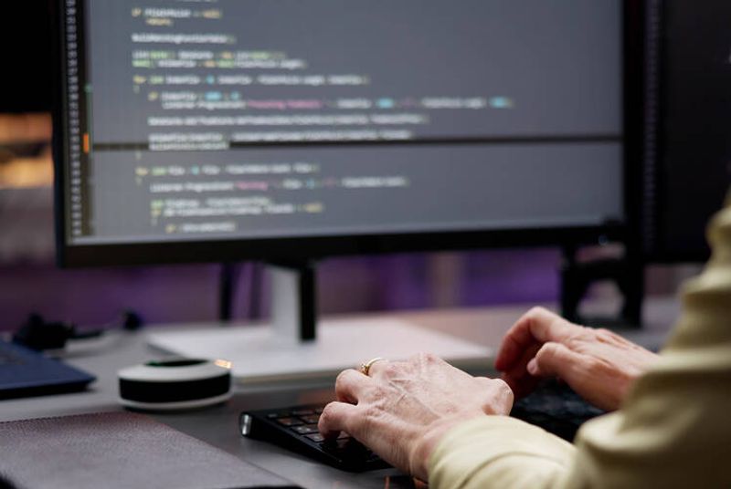 Computer screen and hands on keyboard.