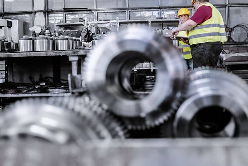 Tehdasympäristössä suuria metallirullia. Taustalla seisoo mies ja nainen turvakypärät päässä ja huomioliivit yllä.